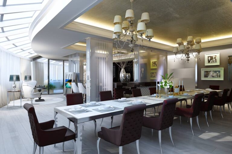 Оформление столовой с серебристым прямоугольным столом