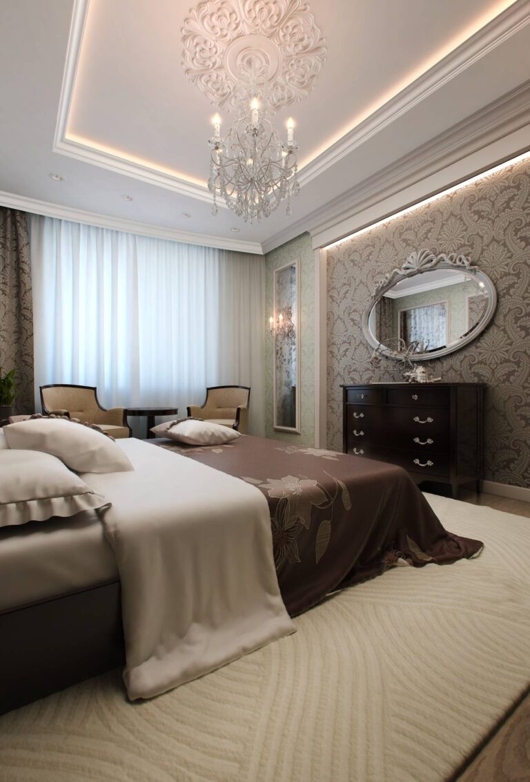 Оформление светлой спальни с фигурными зеркалами