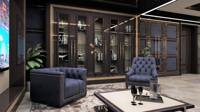 Встроенные витрины в интерьере гостиной