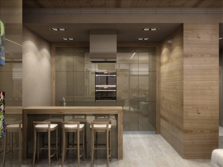 Глянцевая кухня в коричневом и бежевом цвете