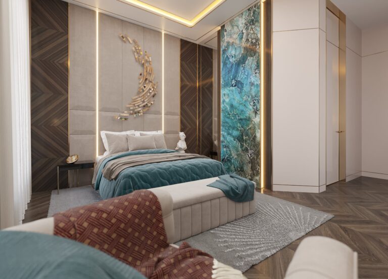 Текстиль, стекло и дерево в отделке стен спальни