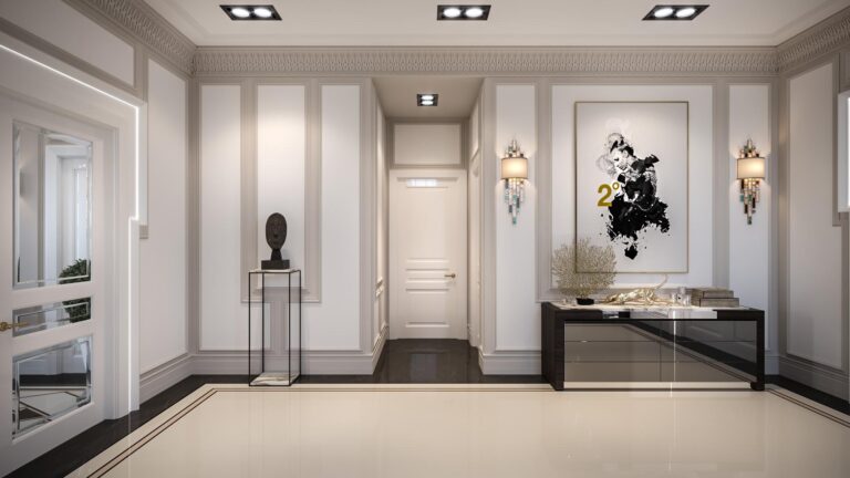 Тумба с зеркальным фасадом в дизайне светлого холла