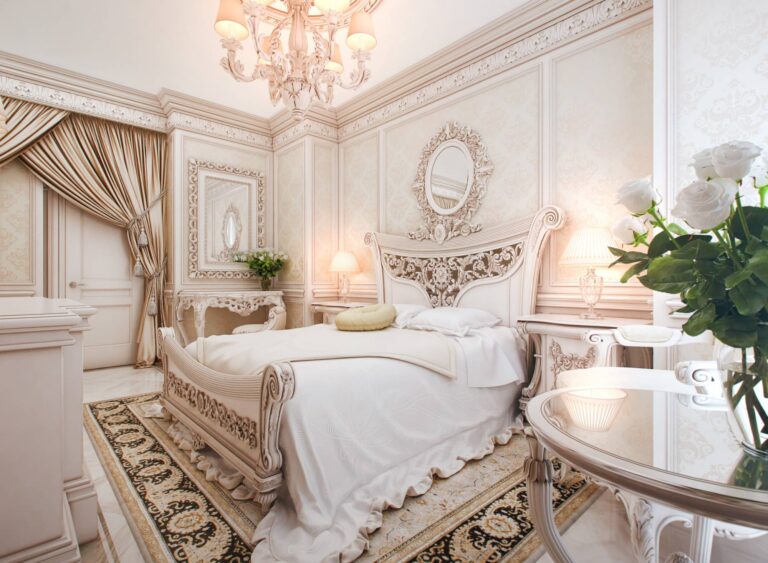 Оформление спальни с дорогой отделкой и декором