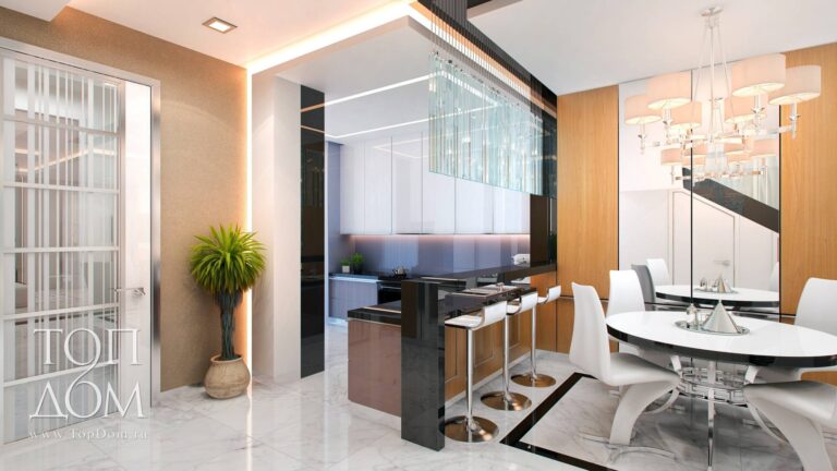 Фото совмещенных столовой и кухни в таунхаусе