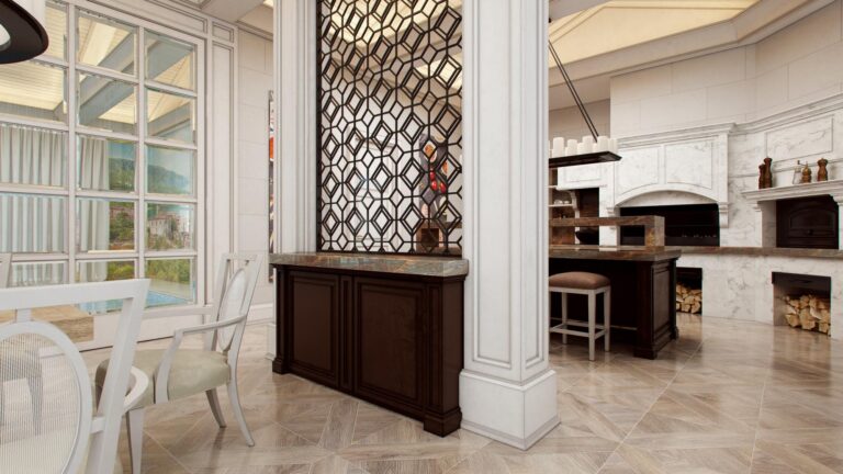 Полукруглая кухня для барбекю в белых и коричневых тонах