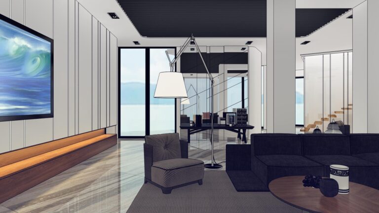 Современный эргономичный дизайн в эскизе интерьера гостиной