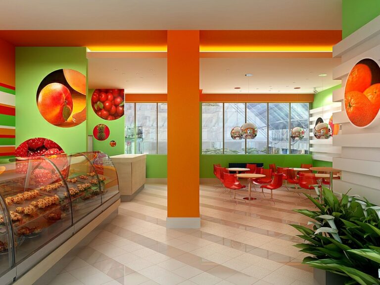 Яркие светлые цвета в дизайне интерьера кафе