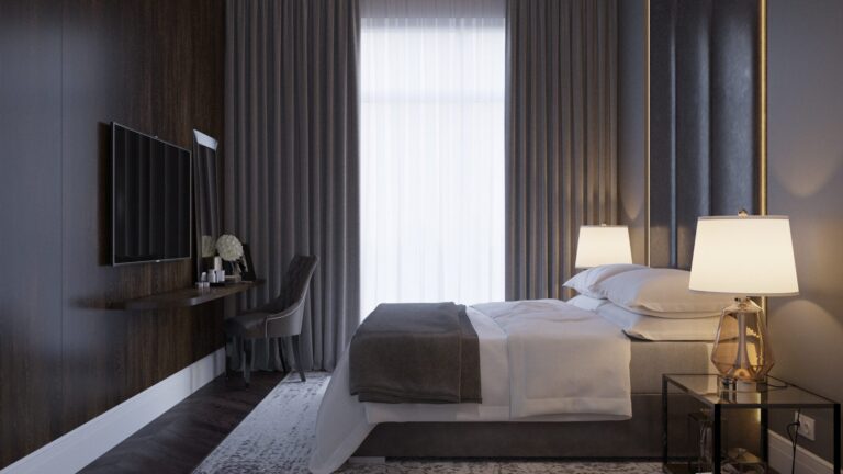 Спальня с туалетным столиком и ТВ-панелью