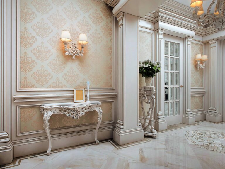 Дизайн коридора с двойными бра, оформленными бежевыми плафонами