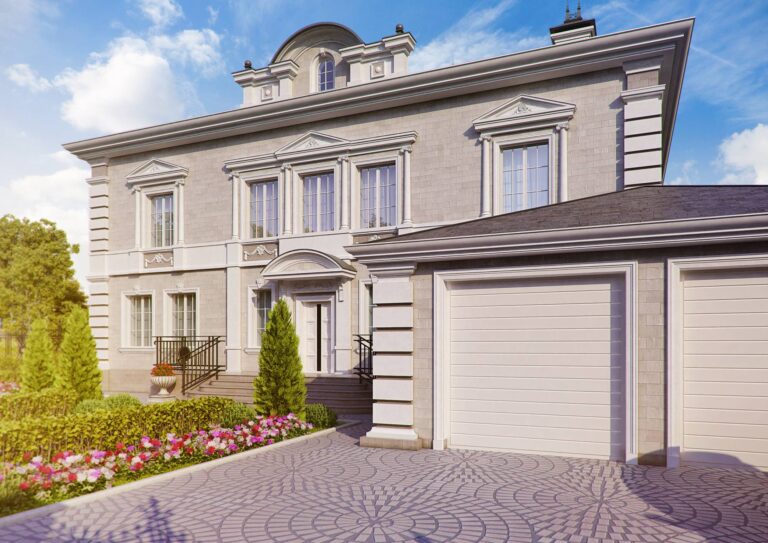 Зона парковки, выложенная плиткой, и кирпичный гараж с правой стороны дома