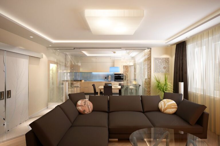 Стеклянная перегородка на пути в столовую в дизайне гостиной