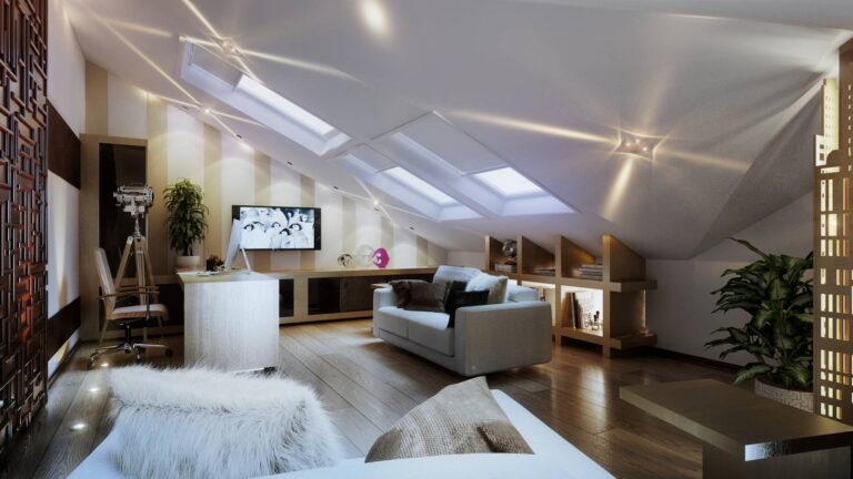 Освещение интерьера кабинета на мансарде