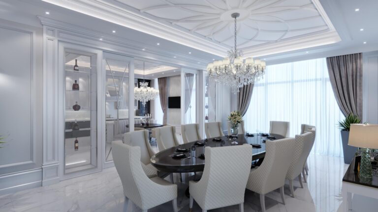 Большая столовая с овальным столом на 12 посадочных мест