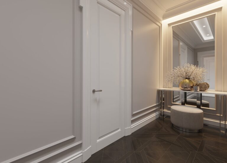 Дизайн торца холла с зеркалом, консолью и пуфом