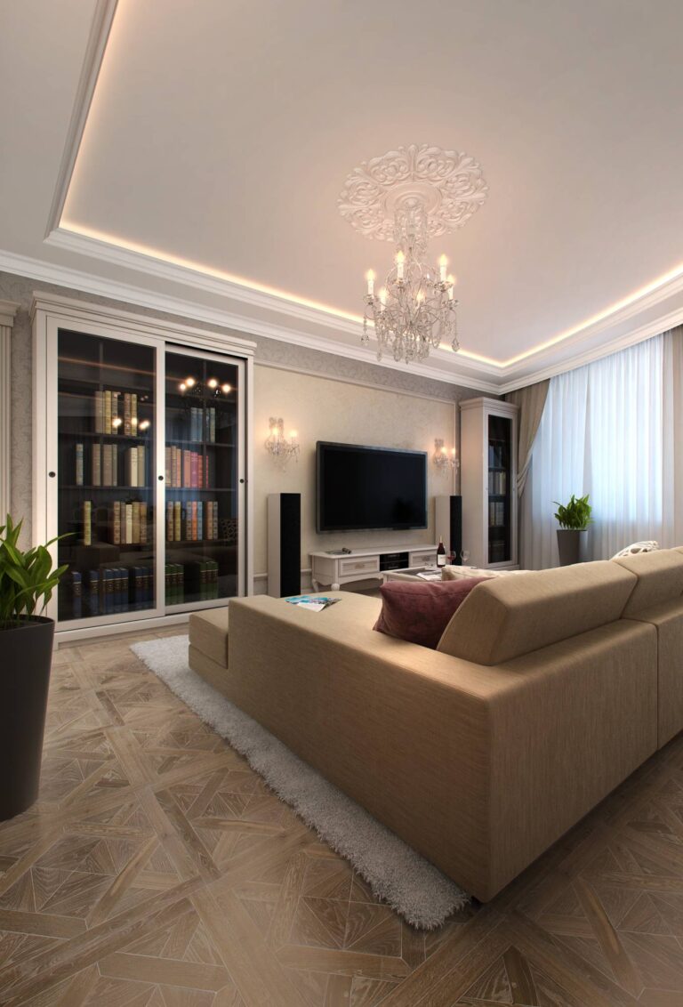 Большой светло-коричневый диван в дизайне гостиной