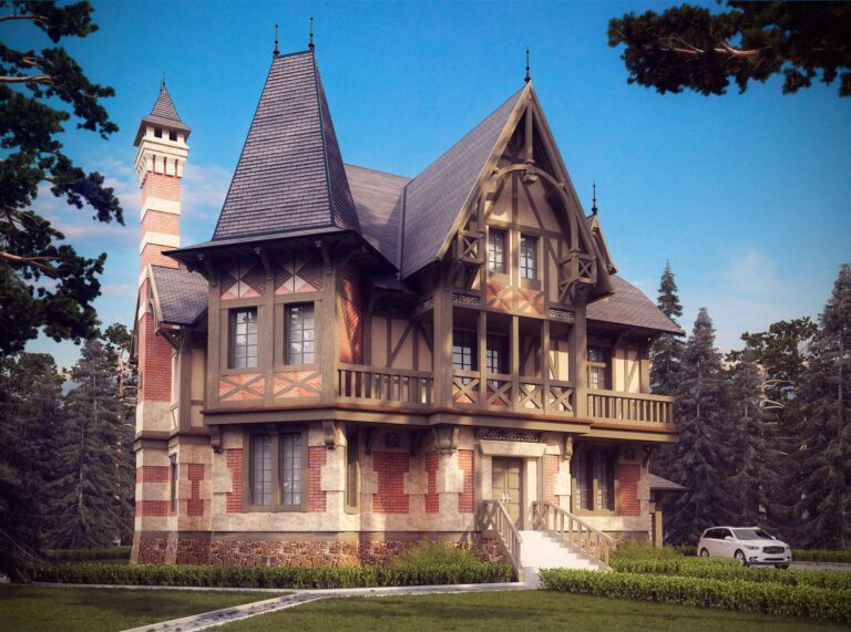 Сочетание красного, белого и темно - коричневого цветов в отделке кирпичного фасада