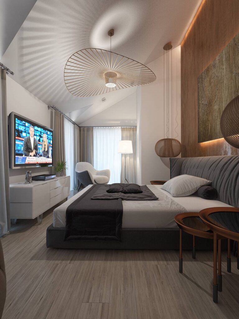 Наклонный потолок в дизайне спальни