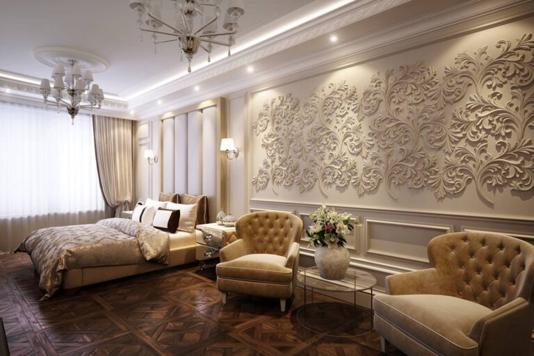 Фото интересного дизайна спальни с лепным панно