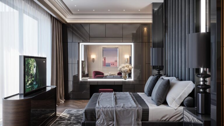 Темно-серая спальня с большим подсвеченным зеркалом