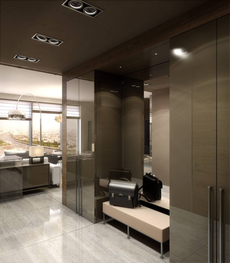 Фото дизайна прихожей с белым полом и коричневой мебелью