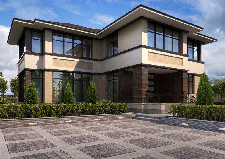 Правая сторона дома, оформленная в песочном, сером и коричневом цветах