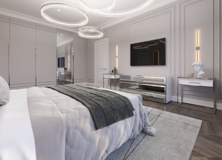 Интерьер спальни с хромированной мебелью