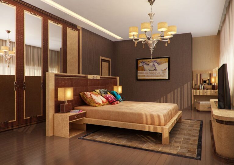 Зеркальные панели в интерьере спальни в афростиле