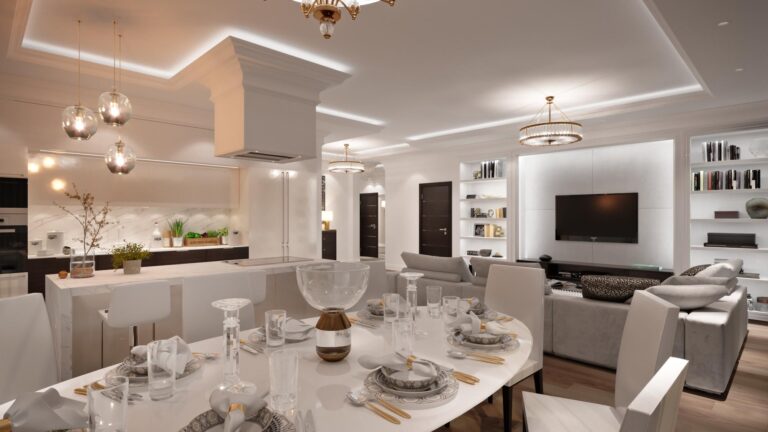 Дизайн-проект кухни  и гостиной с подсветкой потолка