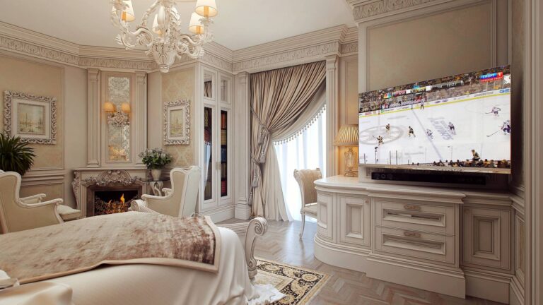 Гостиная с угловым камином с зеркалом, украшенным скульптурной резьбой