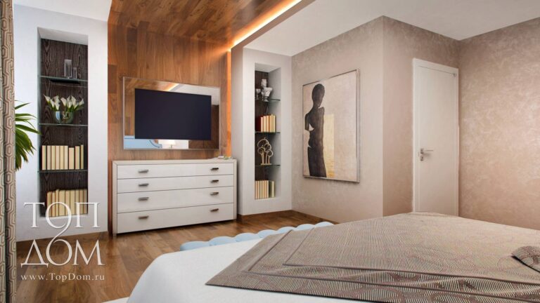 Большая спальня в доме с дизайнерским декором