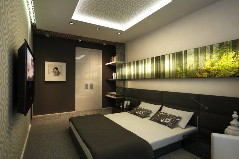 Световое фотопанно с пейзажем в выразительном дизайне спальни