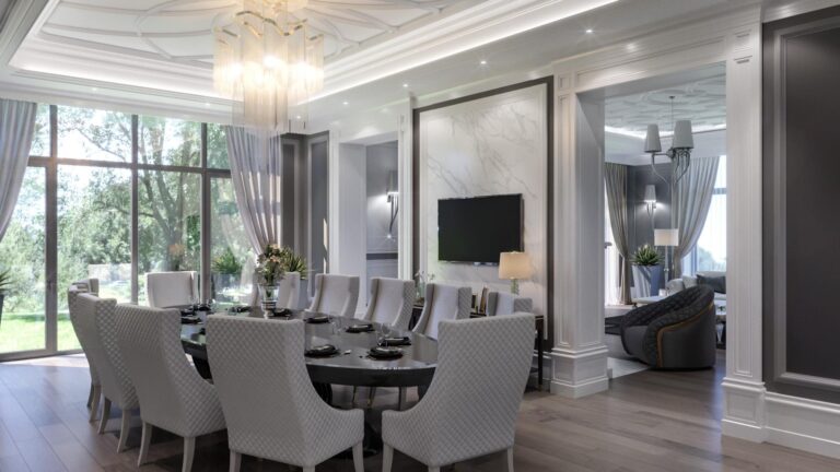 Панель из белого мрамора в дизайне столовой