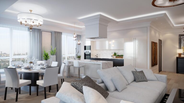 Обеденная зона в интерьере белой кухни