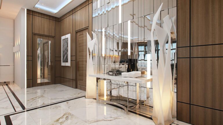 Большое дизайнерское зеркало в сверкающем дизайне прихожей