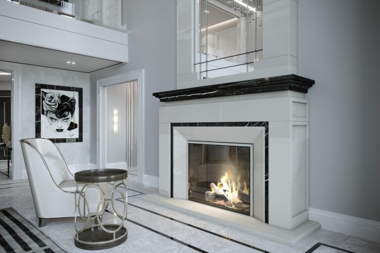 Камин со стеклянным экраном в дизайне белой гостиной