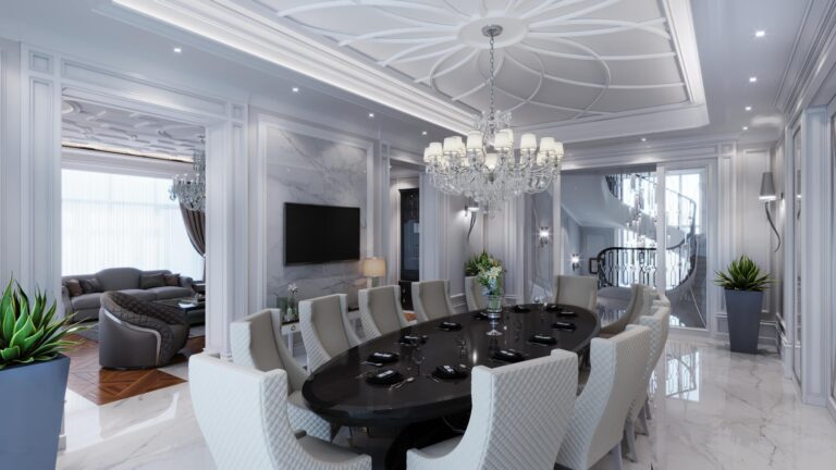 Стол в цвете венге в дизайне белой столовой