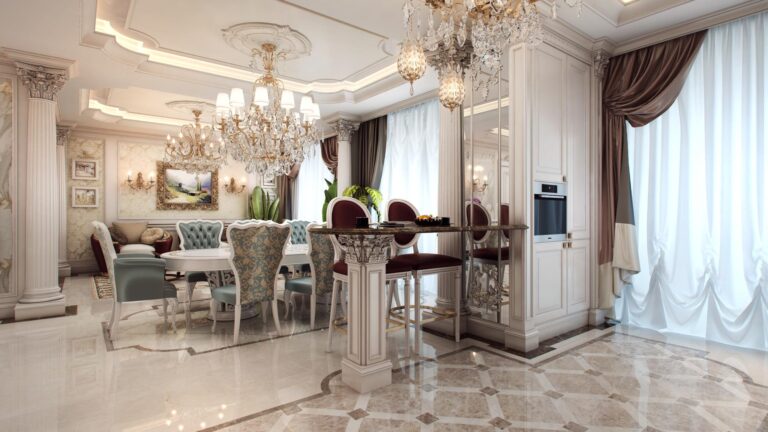 Классическая кухня с барным столом и красными бархатными стульями