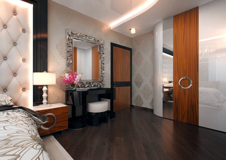 Дизайн спальни с черным и ярко-коричневым акцентом