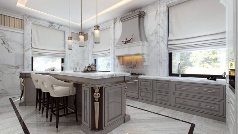 Обшивка стен кухни белым мрамором с серыми прожилками