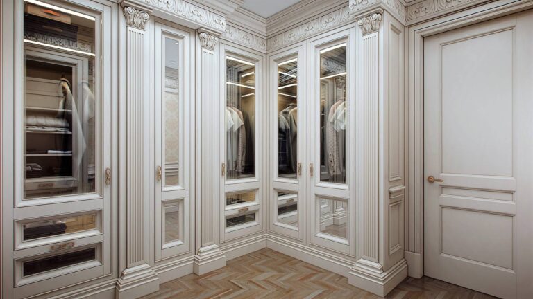 Гардеробная комната с античными пилястрами и рельефной резьбой