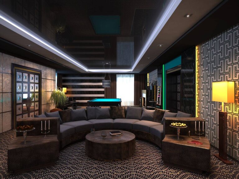 Орнамент на стенах и полу в темном интерьере кинозала