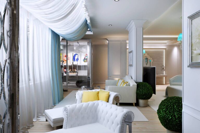 Оформление гостиной в белых тонах с колоннами-перегородками