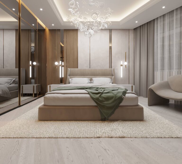 Большой зеркальный шкаф в интерьере спальни