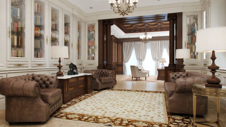 Библиотека с ковром в пастельных тонах, декорированным растительным узором