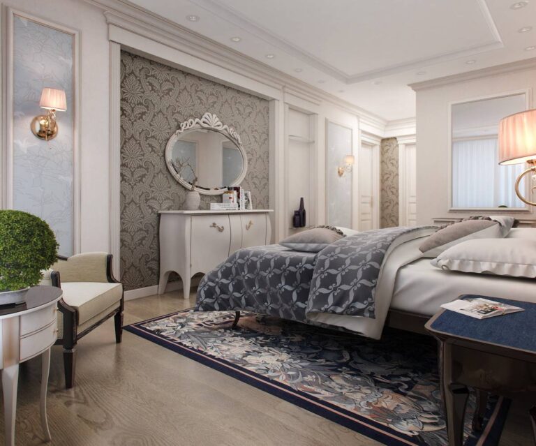 Коричневый пол с черным узорным ковром в оформлении спальни