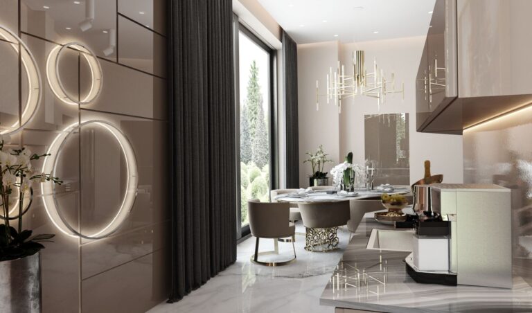 Глянцевая кухня цвета кофе с молоком с обеденной зоной