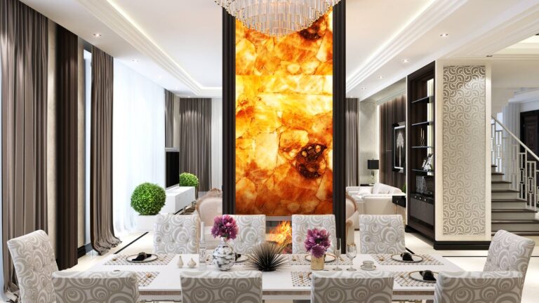 Оранжевая перегородка в зонировании интерьера столовой