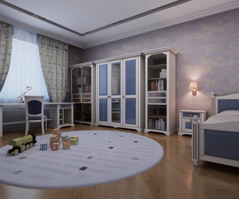 Бело-синяя деревянная мебель в дизайне детской