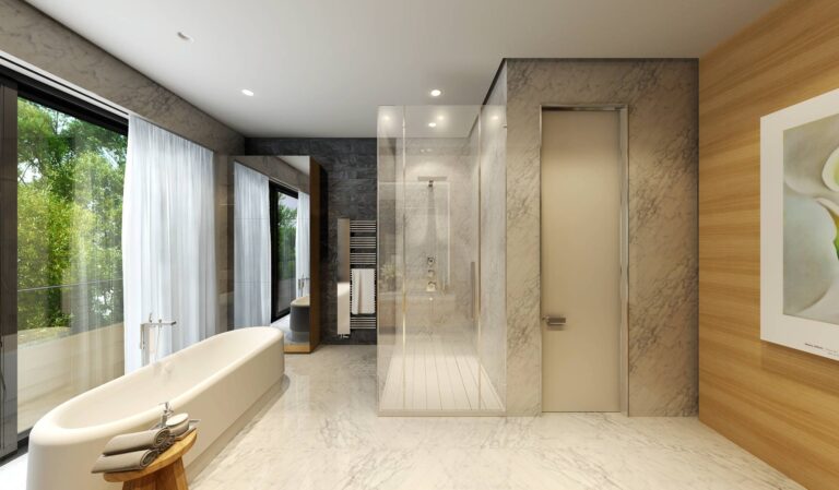 Большие панорамные окна со светлыми шторами в интерьере ванной комнаты