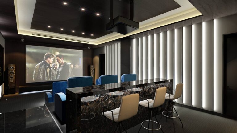 Компактный домашний кинотеатр в черном, белом и синем тонах